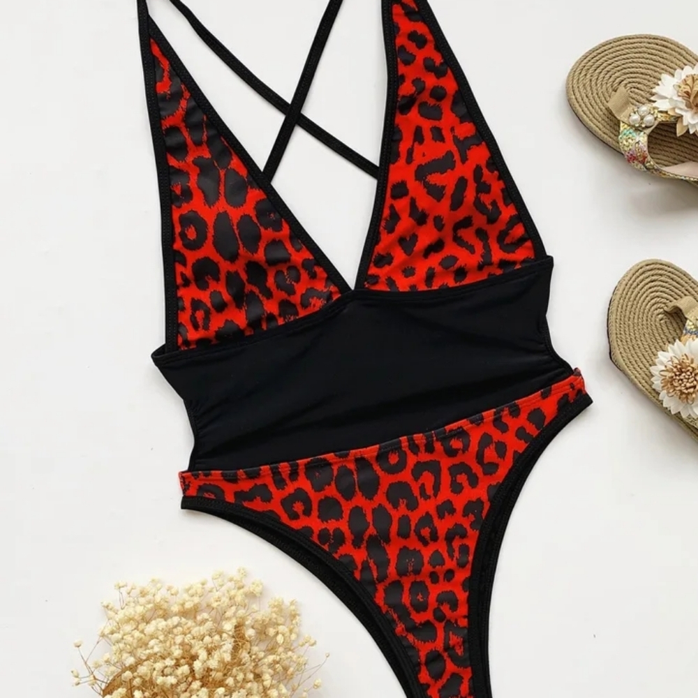 Red Leopard One Piece Monokini Swimsuit - Picture 3 of 7